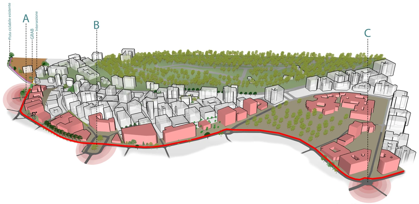 Route and planting — axonometric study